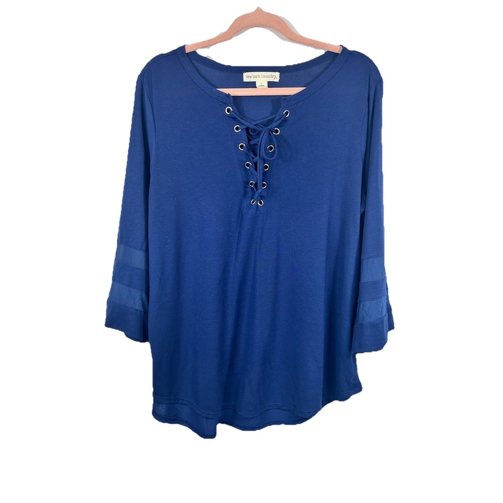New York Laundry Navy Lace Up Top Mesh Detail Boho Renaissance Soft‎ Coastal L